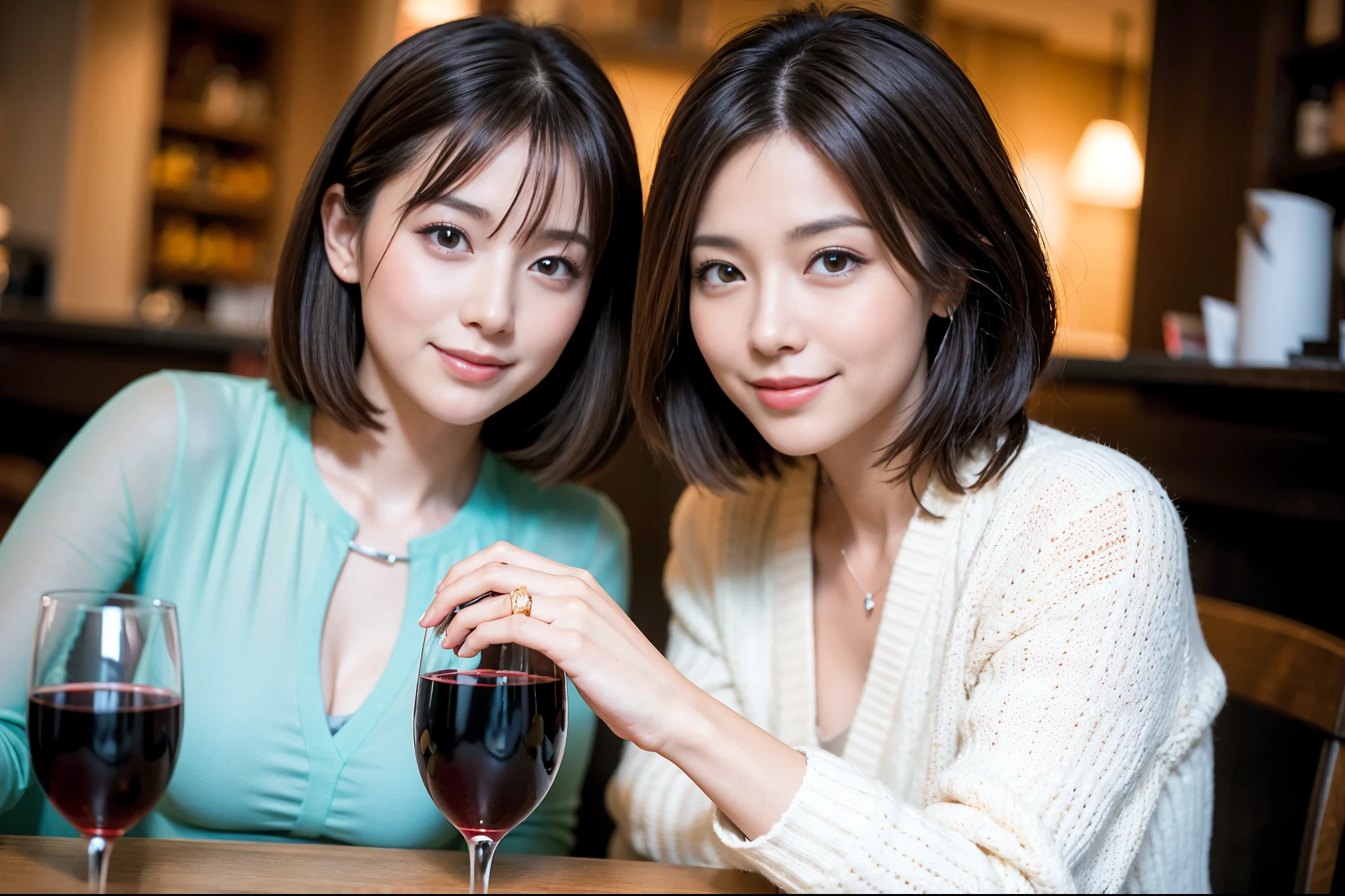 ((highest quality、8k、masterpiece:1.3))、1 male、1 woman who resembles Satomi Ishihara、Couple、Spouse、Couple、The body is slim、((Bob Hale、Straight hair:1.2)), (Realistic, Intricate details:1.2), Wine glass on the table、Shine light on your face、 Amazing view of the sunset sky and clouds、Amazing mountain views、A bright smile、The wonderfulness of smile、Bright image、The beauty of wine, Beautiful Face, blue eyes, The light shines on your face, Blushing, short hair,Bright Face、 (42 years old), 39 years old, red wine 、Appetizers、Italian food、Wine bottle、Champagne、sparkling wine、Two beauties、Brown Hair、Shortcuts、Long sleeve shirt、dress、Pretty Woman 1, (Slim face), (The body is slim), (Brown Hair), (Shortcuts), cheeks turn a little red,Attractive beauty、restaurant, In a prominent place (From the waist up) Nova Frog Style, actress, model, Upper Body, White wine, slim, wine glass, A wine glass placed in the center, smile, (smile: 1.15), Beautiful fine grain, Depth f/2,saturation, High Contrast, Strong light and shadow,Moist Body:1.5、3D texture、Delicate eyes、Brown Hair、The hair is very shiny、