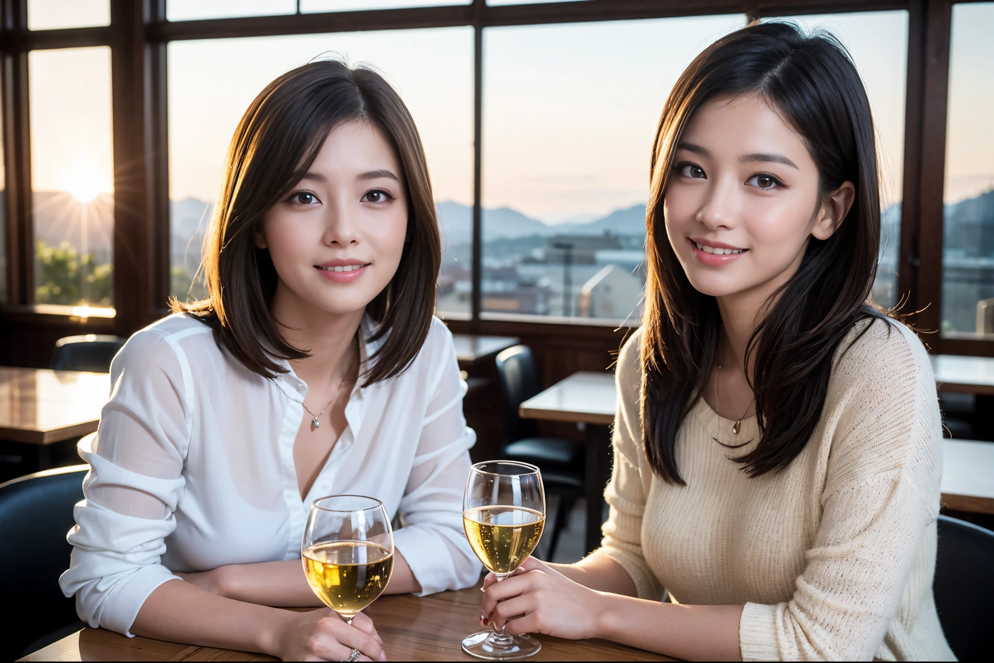 ((highest quality、8k、masterpiece:1.3))、1 male、1 woman who resembles Satomi Ishihara、Couple、Spouse、Couple、The body is slim、((Bob Hale、Straight hair:1.2)), (Realistic, Intricate details:1.2), Wine glass on the table、Shine light on your face、 Amazing view of the sunset sky and clouds、Amazing mountain views、A bright smile、The wonderfulness of smile、Bright image、The beauty of wine, Beautiful Face, blue eyes, The light shines on your face, Blushing, short hair,Bright Face、 (42 years old), 39 years old, red wine 、Appetizers、Italian food、Wine bottle、Champagne、sparkling wine、Two beauties、Brown Hair、Shortcuts、Long sleeve shirt、dress、Pretty Woman 1, (Slim face), (The body is slim), (Brown Hair), (Shortcuts), cheeks turn a little red,Attractive beauty、restaurant, In a prominent place (From the waist up) Nova Frog Style, actress, model, Upper Body, White wine, slim, wine glass, A wine glass placed in the center, smile, (smile: 1.15), Beautiful fine grain, Depth f/2,saturation, High Contrast, Strong light and shadow,Moist Body:1.5、3D texture、Delicate eyes、Brown Hair、The hair is very shiny、