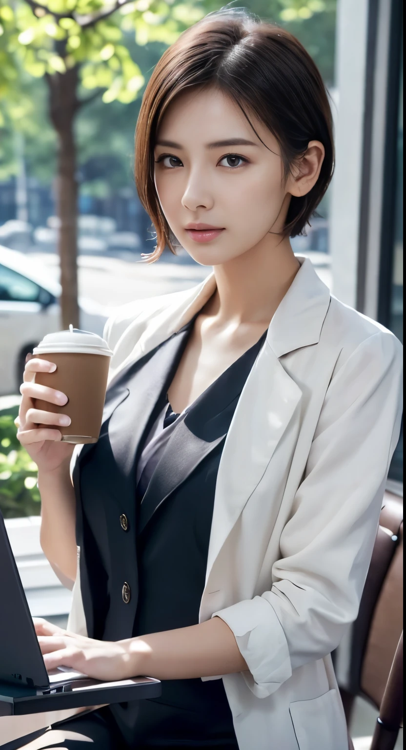 Photorealistic beautiful female student、18-year-old、amazingly beautiful、extremely fine-grained clarity、beautiful body、(highest quality、8K、32K、masterpiece、nffsw:1.3)、ultra high resolution,(Photoreal:1.4),RAW photo, detailed face,,beautiful hair, ((Doctor Style)), ,very short hair 、very short hair、Amazingly beautiful double eyelids、beautiful nipples、 natural makeup,, small perfect breasts, wet hair、detailed background, perfect lighting, Depth of written boundary, beautiful shadow gradation、thin limbs、thin thighs、(whole body)、((business suit))、((stylish cafe、Inside the store、cafe table and stylish chairs、coffee、Control your laptop))、Beautiful and slim perfect body、beautiful high nose、view from the side
