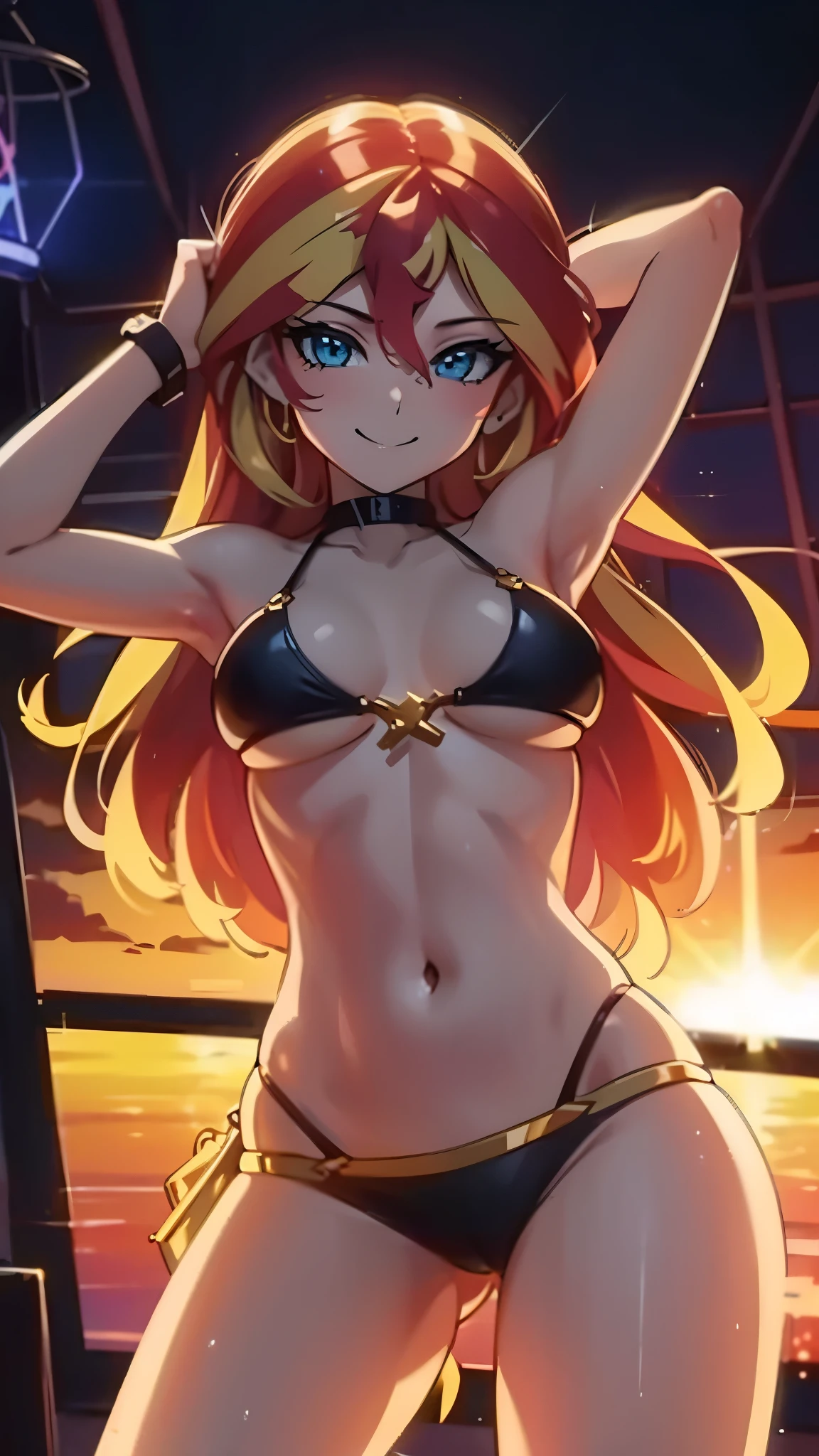 sunset shimmer, tiny bikini, dancing, inside a cage, on a stage in a nightclub, neon lights, smiling, erotic