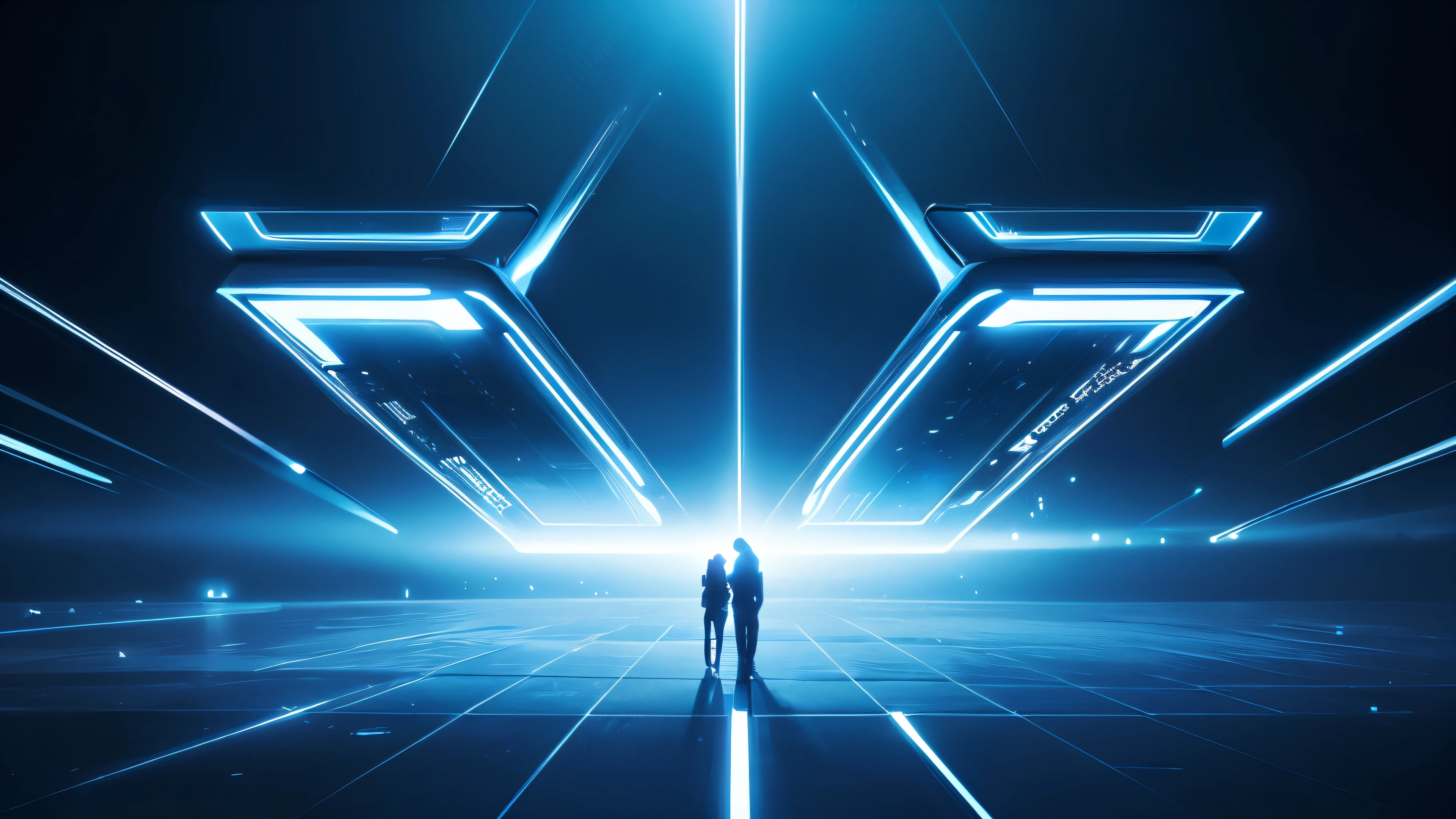 technology blue future technology digital future lighting scene business background ,Background abstract transparent glass frame composed of lights,Square Stage,abstract、Gorgeous lighting。geometry