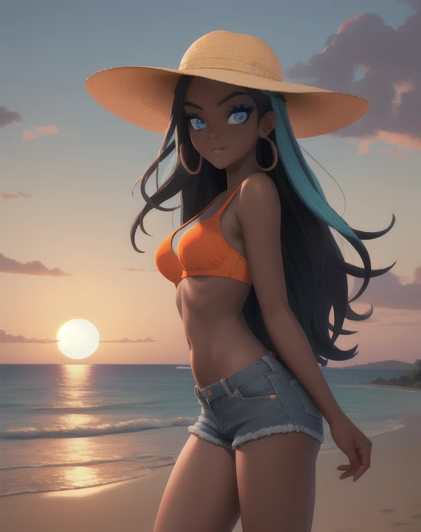 (masterpiece, best quality), (Detailed face:1.2), (Detailed eyes:1.2), 1girl, nessaswim, nessarnd, nessaholiday, dark skin, makeup, medium breasts, sunhat, orange bikini bra, denim short-shorts, standing, outdoors, dusk, sunset, on the beach