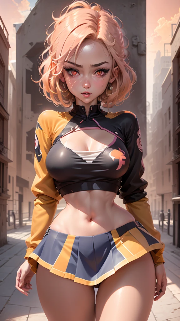 1girl, solo, sharp nose, (reddish mouth:1.1), (blush), eye-catching lips, shonen style, (pale skin), (pink eyes:1.2 | orange eyes:1.3), (wide smile:0.5), wide eyes, (neon lighting:0.3), (scenery park, sky), daylight, cinematic lighting, (underboob:0.9), (blue skirt), (pink hair:1.4 | orange hair:0.9), short hair, bangs, drill hair, ahoge, (crop top blue | white), ((bottom-up point of view)), (thin face), ((sharp focus)), (((masterpiece))), (detailed clothing:1.3), (detailed body:1.2), ((perfect face)), ((perfect nose)), ((perfect eyes))