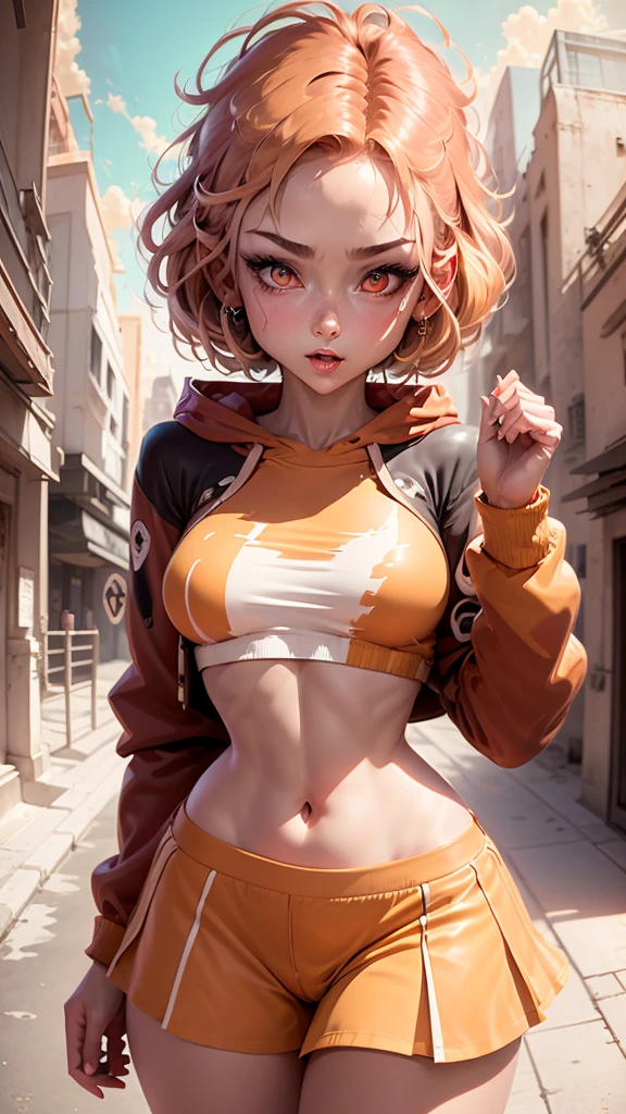 1girl, solo, sharp nose, (reddish mouth:1.1), (blush), eye-catching lips, shonen style, (pale skin), (pink eyes:1.2 | orange eyes:1.3), (wide smile:0.5), wide eyes, (neon lighting:0.3), (scenery park, sky), daylight, cinematic lighting, (underboob:0.9), (blue skirt), (pink hair:1.4 | orange hair:0.9), short hair, bangs, drill hair, ahoge, (crop top blue | white), ((bottom-up point of view)), (thin face), ((sharp focus)), (((masterpiece))), (detailed clothing:1.3), (detailed body:1.2), ((perfect face)), ((perfect nose)), ((perfect eyes))