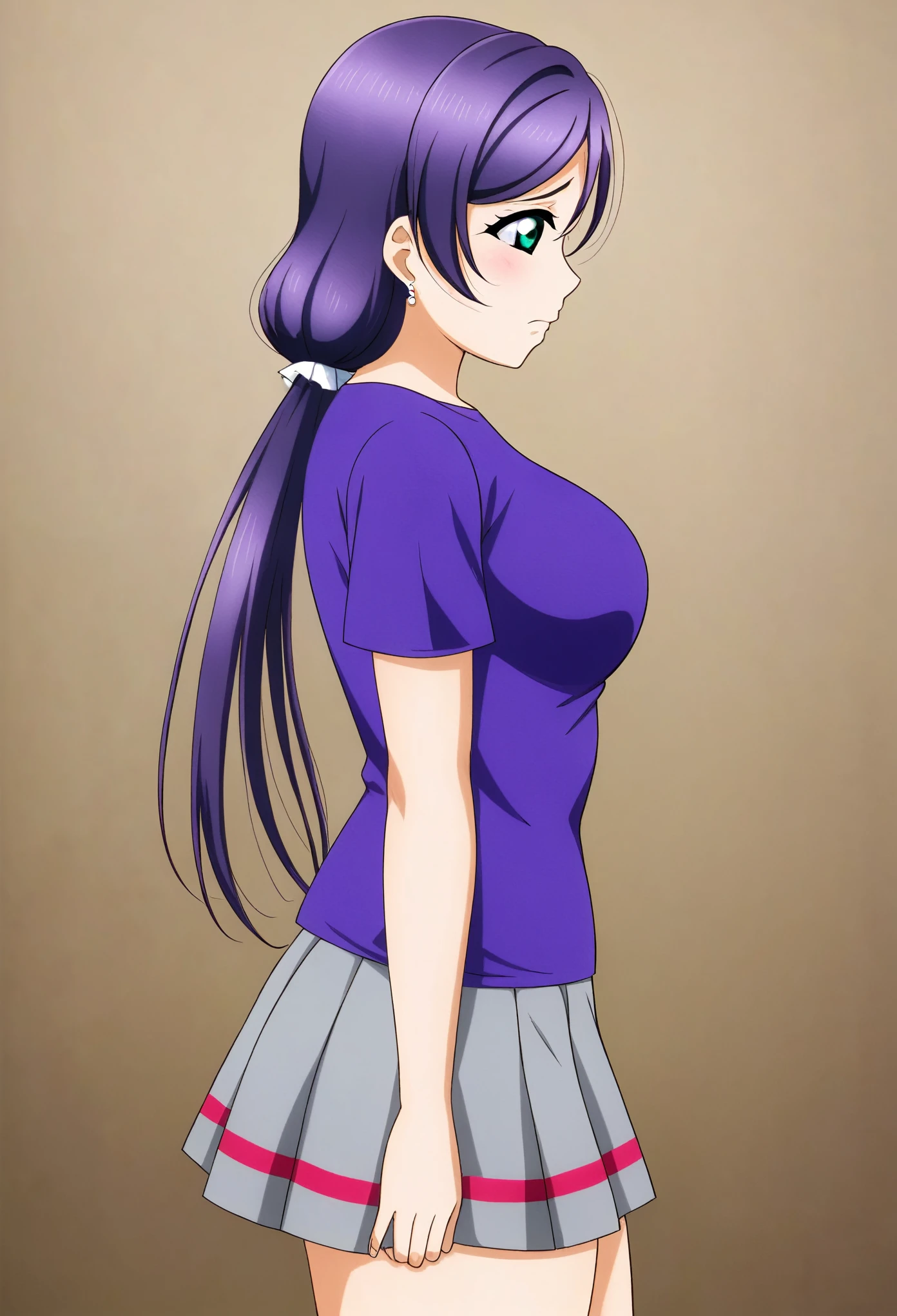 Masterpiece, best quality,Nozomi Tojo, purple hair, from side, cowboy shot,low twintails , green eyes,breasts, curvy body, closed mouth,sad,shirt , skirt,earrings,  love live style , love scene ,thicc thighs 