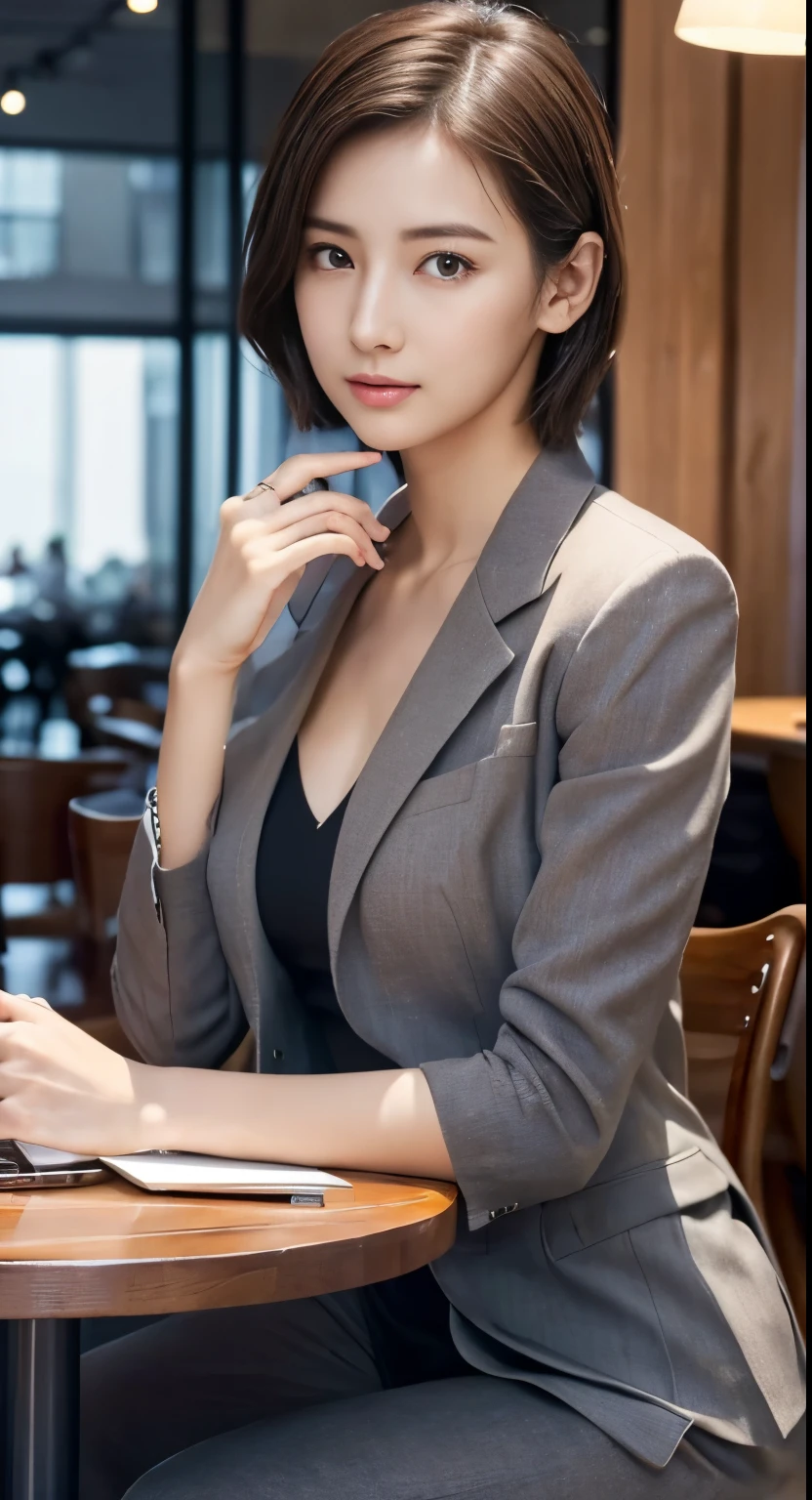 (High resolution:1.3), (16k, Photorealistic, Raw photo, SNS Photos, Best image quality: 1.4), Japanese, (One Girl), Beautiful Face, (A vivid face), (Black-haired、short hair:1.3), Beautiful Hairstyles, Realistic eyes, Beautifully detailed eyes, (Realistic Skin), Beautiful skins, attractive, 超A high resolution, Surreal, High detail, Golden Ratio, Highly detailed cute girl,(20-year-old), office, suit, seminude