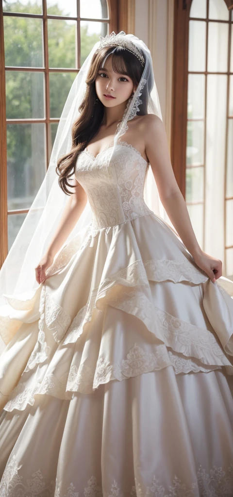 1girl, wedding dress, clothing with intricate frills and embroidery, bridal veil, luxurious clothing,
detailed background, incredibly absurdres, colorful,
HD, hyper detailed, ultra detailed, score_9, score_8_up, score_7_up, source_anime, perfect ???????, masterpiece, best quality, very aesthetic,, see-through, layered, v arms, white dress, masterpiece, best quality, perfect ??????? , very aesthetic , absurdres, big window,