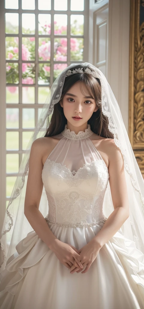 1girl, wedding dress, clothing with intricate frills and embroidery, bridal veil, luxurious clothing,
detailed background, incredibly absurdres, colorful,
HD, hyper detailed, ultra detailed, score_9, score_8_up, score_7_up, source_anime, perfect anatomy, masterpiece, best quality, very aesthetic,, see-through, layered, v arms, white dress, masterpiece, best quality, perfect anatomy , very aesthetic , absurdres, big window,