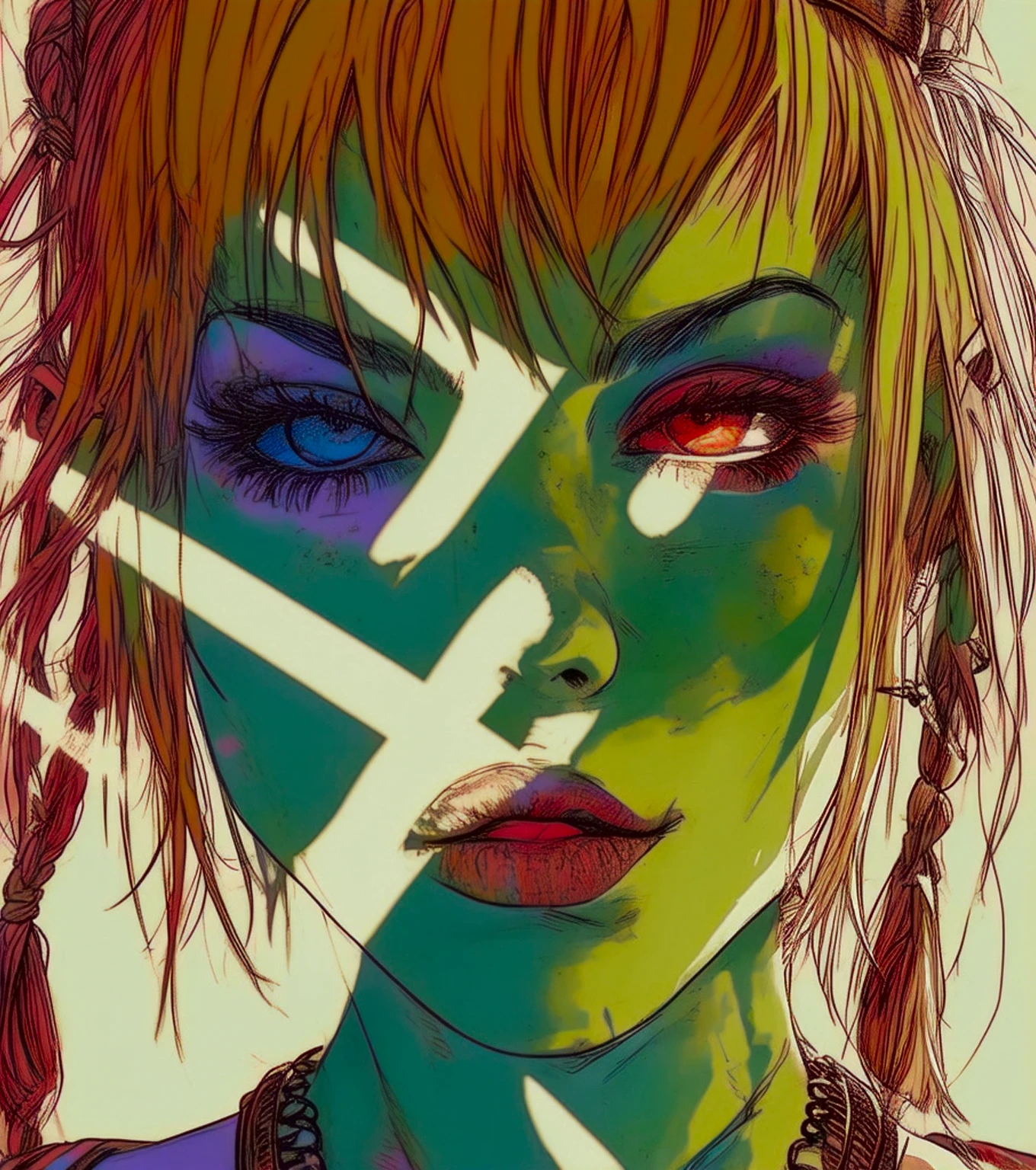 Tank Girl (jamie hewlett style reference), upclose zoom, portrait, candid, close-up of face, hand drawn, cartoon, animated, 1990's comic, (full roygbiv color) ink charcoal expressive illustration, no light source, darkness, light mask uv rays across face, absurd, with rich color grading, cel shading, warm and unified colors, rotoscope, animated, VHS, glitch, distorted, nostalgia, 90's retro vibe, hyper maximal, strange, hyperrealistic, rotoscope expressive ink bold line hand drawn, in a cinematic style, s, analog tape, vcr aesthetics, tv, television, hand drawn, minimal, precise,