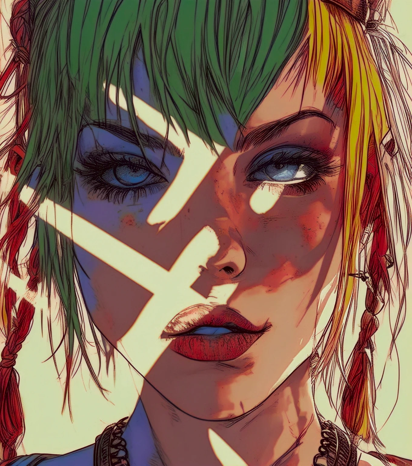 Tank Girl (jamie hewlett style reference), upclose zoom, portrait, candid, close-up of face, hand drawn, cartoon, animated, 1990's comic, (full roygbiv color) ink charcoal expressive illustration, no light source, darkness, light mask uv rays across face, absurd, with rich color grading, cel shading, warm and unified colors, rotoscope, animated, VHS, glitch, distorted, nostalgia, 90's retro vibe, hyper maximal, strange, hyperrealistic, rotoscope expressive ink bold line hand drawn, in a cinematic style, s, analog tape, vcr aesthetics, tv, television, hand drawn, minimal, precise,