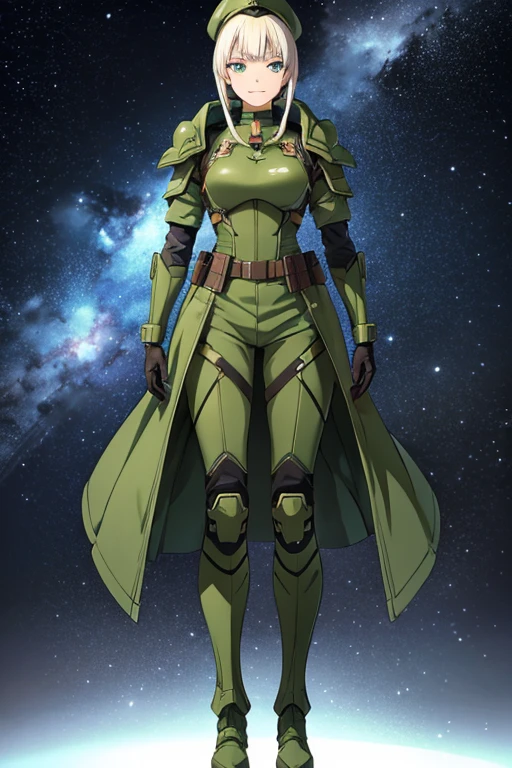 Anime drawings、Full body portrait、Space SF soldiers、A female soldier, about 37 years old, standing upright and about 175cm tall, wearing dark green bulletproof armor、Smiling with mouth closed、Hairstyle is medium straight、Platinum Blonde Hair、gloves、Green Eyes、Military boots、military cap、Shoulder Armor