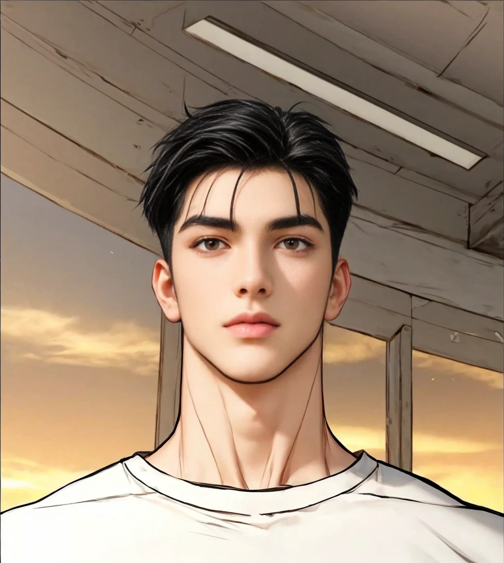 masterpiece, 1boy, young, handsome, black hair, undercut hair, perfect face, detailed eyes and face,black eyes, clean shaved, muscular, capturing a rural atmosphere, dynamic lighting, unreal engine 5
