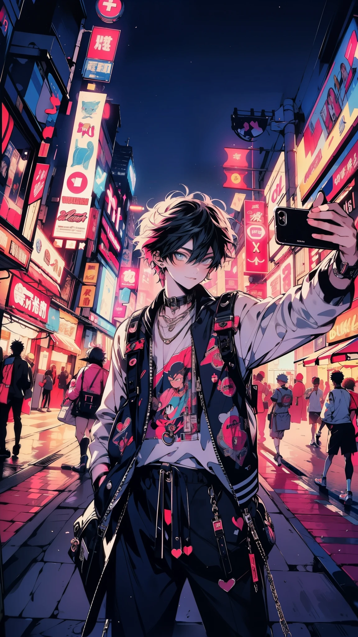 (best quality, 4k, 8k, highres, masterpiece:1.2), ultra-detailed, (anime: 1.2), thicker outlines, anime style, cool and edgy, A boy teenager standing in a bustling city street, wearing a 2014 Tumblr-inspired outfit with quirky accessories, taking a selfie with a vintage filter. The scene is lively with neon lights and urban energy. Nighttime, dynamic composition, fashionable, posing, colorful, confident, expression, accessory, coiled, around, stylish, striking, modern, fashion, vibrant pallete