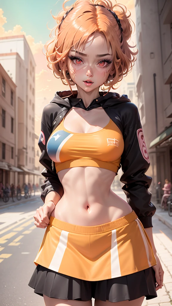 1girl, solo, sharp nose, (reddish mouth:1.1), (blush), eye-catching lips, shonen style, (pale skin), (pink eyes:1.2 | orange eyes:1.3), (wide smile:0.5), wide eyes, (neon lighting:0.3), (scenery park, sky), daylight, cinematic lighting, (underboob:0.9), (blue skirt), (pink hair:1.4 | orange hair:0.9), short hair, bangs, drill hair, ahoge, (crop top blue | white), ((bottom-up point of view)), (thin face), ((sharp focus)), (((masterpiece))), (detailed clothing:1.3), (detailed body:1.2), ((perfect face)), ((perfect nose)), ((perfect eyes))