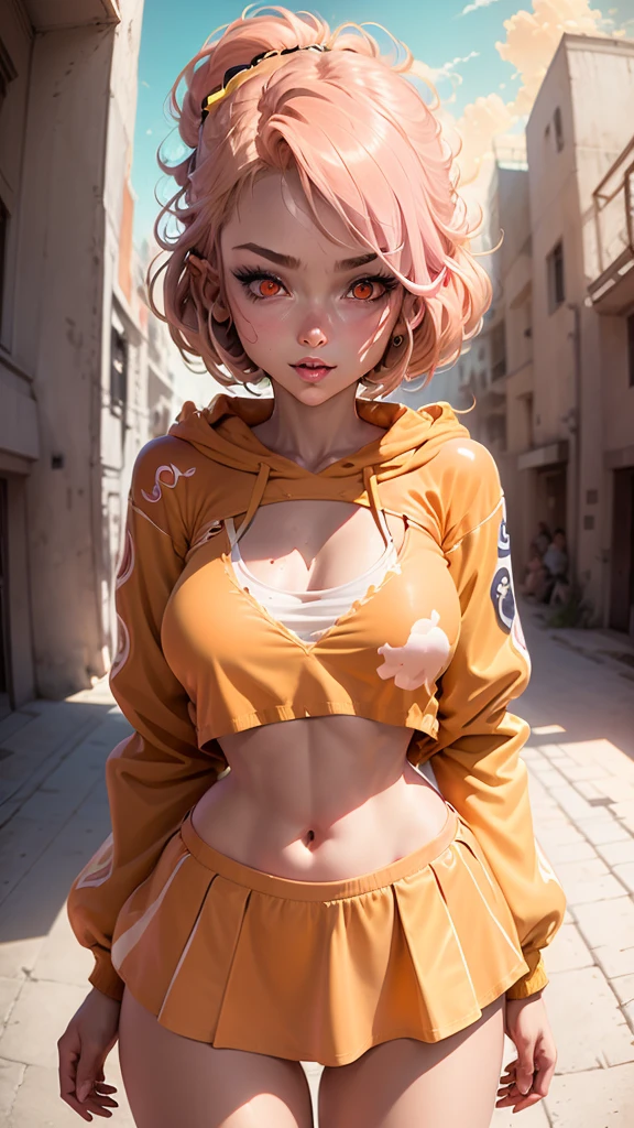 1girl, solo, sharp nose, (reddish mouth:1.1), (blush), eye-catching lips, shonen style, (pale skin), (pink eyes:1.2 | orange eyes:1.3), (wide smile:0.5), wide eyes, (neon lighting:0.3), (scenery park, sky), daylight, cinematic lighting, (underboob:0.9), (blue skirt), (pink hair:1.4 | orange hair:0.9), short hair, bangs, drill hair, ahoge, (crop top blue | white), ((bottom-up point of view)), (thin face), ((sharp focus)), (((masterpiece))), (detailed clothing:1.3), (detailed body:1.2), ((perfect face)), ((perfect nose)), ((perfect eyes))