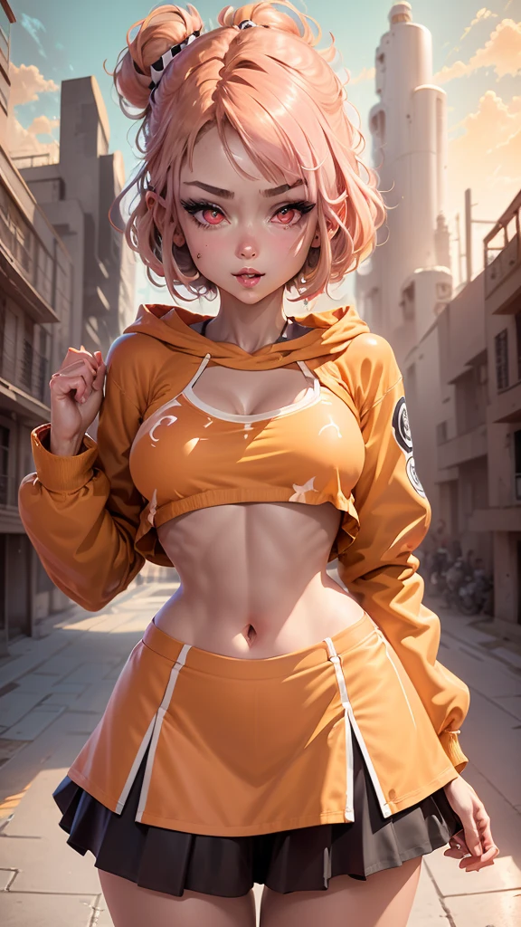 1girl, solo, sharp nose, (reddish mouth:1.1), (blush), eye-catching lips, shonen style, (pale skin), (pink eyes:1.2 | orange eyes:1.3), (wide smile:0.5), wide eyes, (neon lighting:0.3), (scenery park, sky), daylight, cinematic lighting, (underboob:0.9), (blue skirt), (pink hair:1.4 | orange hair:0.9), short hair, bangs, drill hair, ahoge, (crop top blue | white), ((bottom-up point of view)), (thin face), ((sharp focus)), (((masterpiece))), (detailed clothing:1.3), (detailed body:1.2), ((perfect face)), ((perfect nose)), ((perfect eyes))