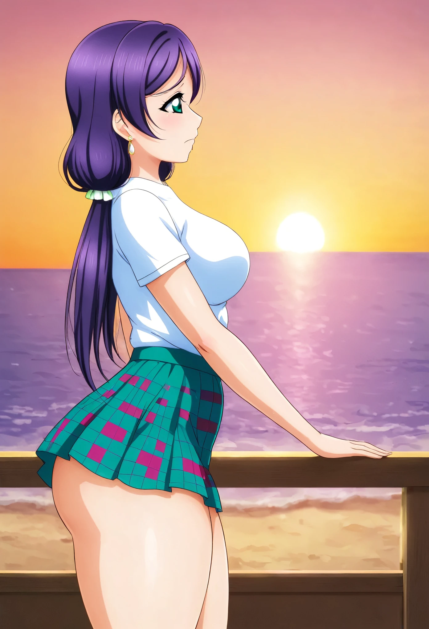 Masterpiece, best quality,Nozomi Tojo, purple hair, from side, cowboy shot,low twintails , green eyes,breasts, curvy body, closed mouth,sad,shirt , skirt,earrings,  love live style , love scene ,thicc thighs ,sea in background, sunset 