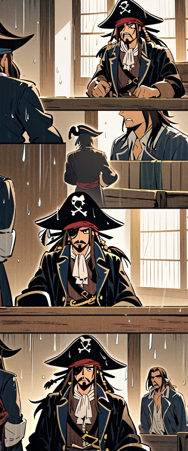 Captain jack sparrow is pleading his innocence, rainy day, pirate on trial at the gallows
