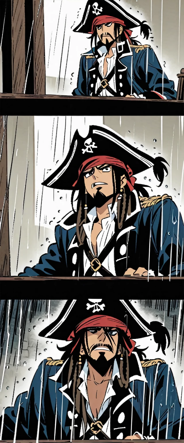 Captain jack sparrow is pleading his innocence, rainy day, pirate on trial at the gallows