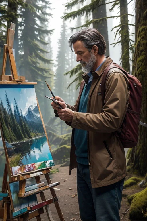 Magical middle aged male painter in a pacific northwestern forest