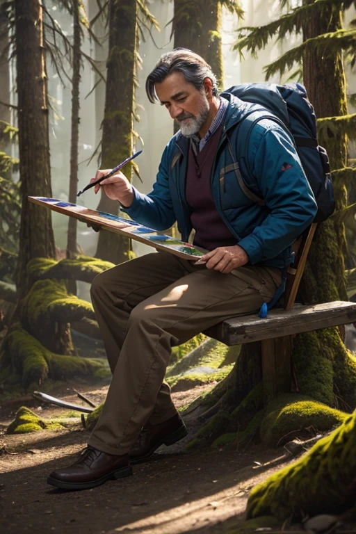 Magical middle aged male painter in a pacific northwestern forest