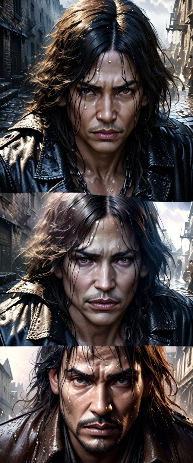 a detailed portrait of captain jack sparrow pleading his innocence, rainy day, pirate on trial at the gallows, dramatic lighting, highly detailed, cinematic shot, dramatic expression, wet hair, worn pirate clothing, shackles, grim background, brooding clouds, crumbling architecture, cobblestone street, (best quality,4k,8k,highres,masterpiece:1.2),ultra-detailed,(realistic,photorealistic,photo-realistic:1.37),intricate details,dramatic colors,moody atmosphere (close up on the face)