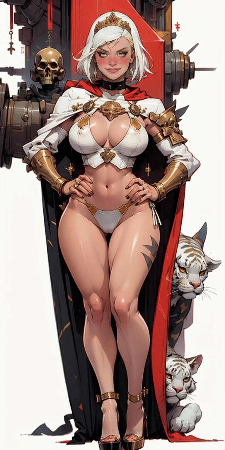 Two long thighs, yellow eyes, blonde hair, short hair, large breasts, detached sleeves, very white background, royal tiara, long cape, yellow tiger bikini, high heels, hands on hips. red tattoo on belly navel, full body female MILF BIMBO, lustful smirking smile face (red blush), metal shoulders, golden bracers sleeveless, black choker sex slave