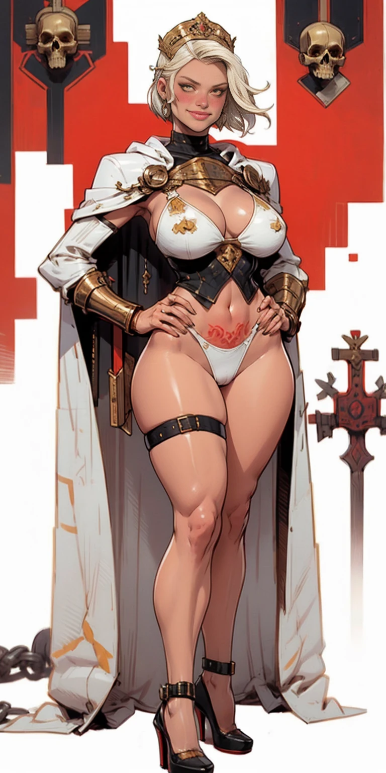 Two long thighs, yellow eyes, blonde hair, short hair, large breasts, detached sleeves, very white background, royal tiara, long cape, yellow tiger bikini, high heels, hands on hips. red tattoo on belly navel, full body female MILF BIMBO, lustful smirking smile face (red blush), metal shoulders, golden bracers sleeveless, black choker sex slave