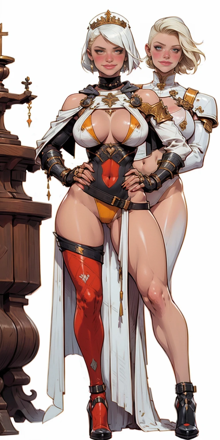 Two long thighs, yellow eyes, blonde hair, short hair, large breasts, detached sleeves, very white background, royal tiara, long cape, yellow tiger bikini, high heels, hands on hips. red tattoo on belly navel, full body female MILF BIMBO, lustful smirking smile face (red blush), metal shoulders, golden bracers sleeveless, black choker sex slave