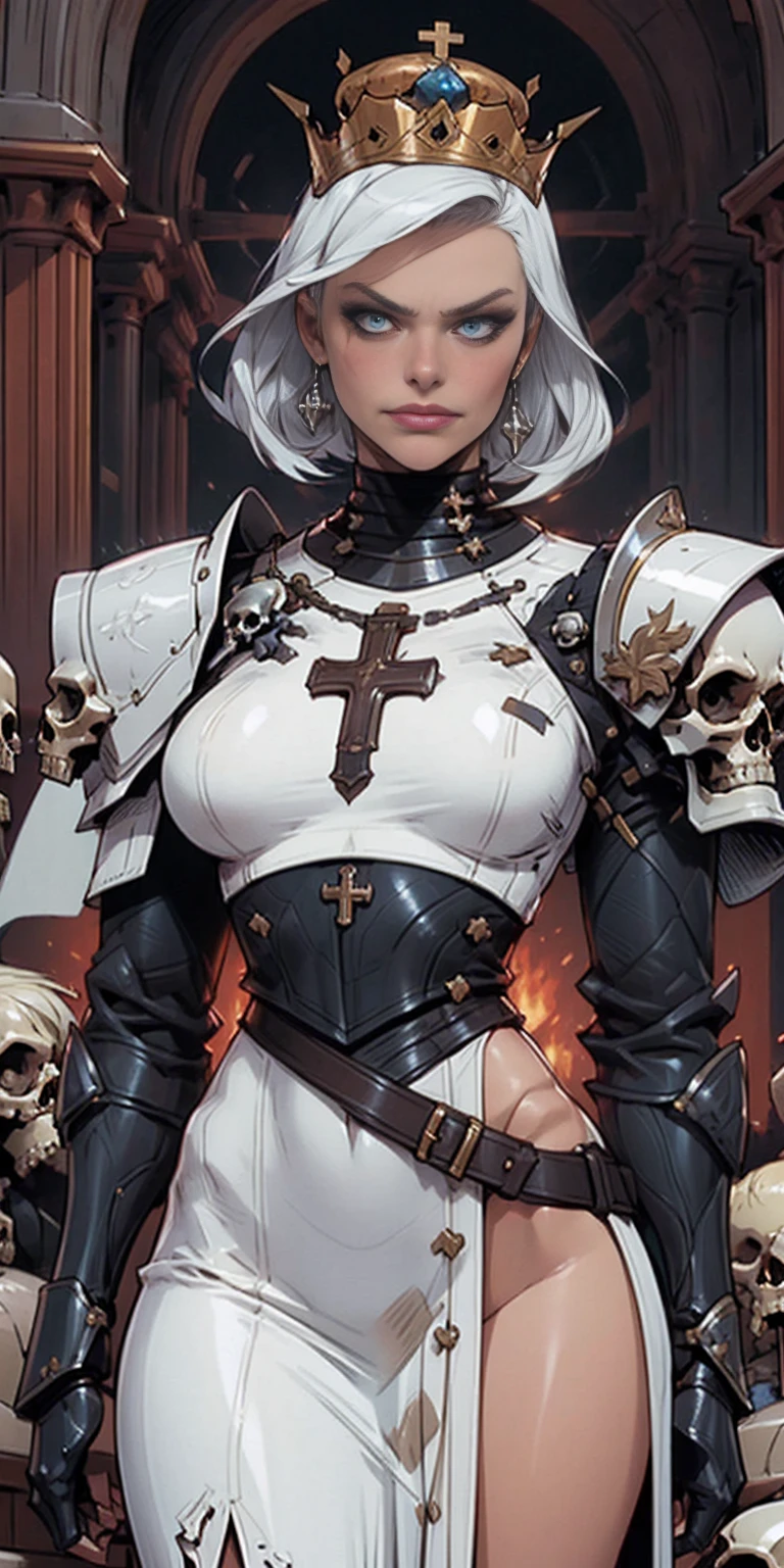 (masterpiece, best quality), intricate details, 1girl, squeenp, blonde hair, blue eyes, crown, shaded face, looking down, from below, evil grin, angry, armor, cross, pauldrons, skulls, cowboy shot, pelvic curtain,