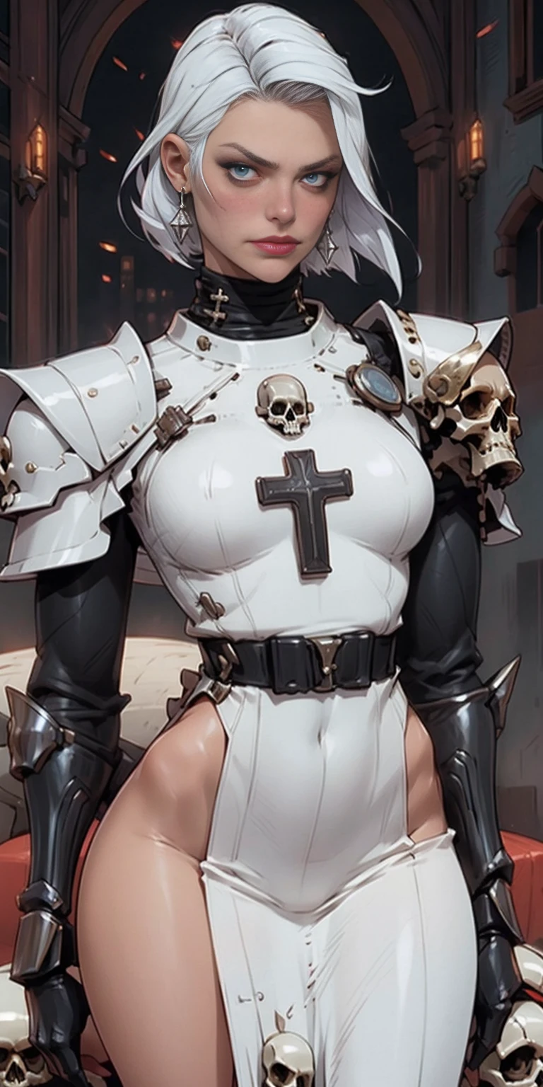 (masterpiece, best quality), intricate details, 1girl, squeenp, blonde hair, blue eyes, crown, shaded face, looking down, from below, evil grin, angry, armor, cross, pauldrons, skulls, cowboy shot, pelvic curtain,