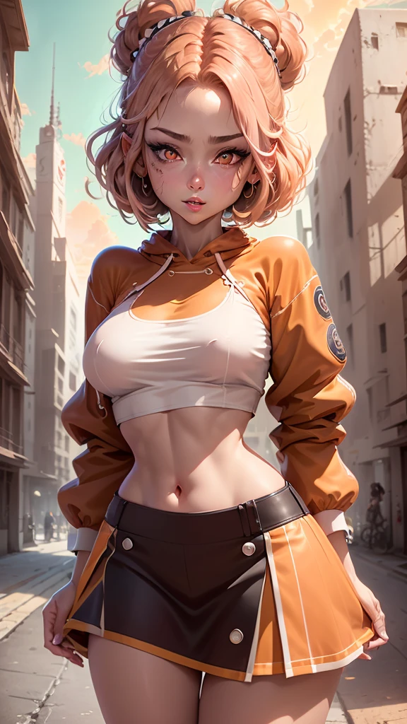 1girl, solo, sharp nose, (reddish mouth:1.1), (blush), eye-catching lips, shonen style, (pale skin), (pink eyes:1.2 | orange eyes:1.3), (wide smile:0.5), wide eyes, (neon lighting:0.3), (scenery park, sky), daylight, cinematic lighting, (underboob:0.9), (blue skirt), (pink hair:1.4 | orange hair:0.9), short hair, bangs, drill hair, ahoge, (crop top blue | white), ((bottom-up point of view)), (thin face), ((sharp focus)), (((masterpiece))), (detailed clothing:1.3), (detailed body:1.2), ((perfect face)), ((perfect nose)), ((perfect eyes))
