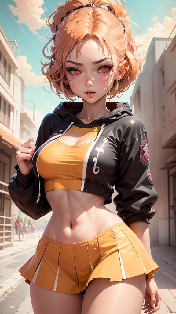 1girl, solo, sharp nose, (reddish mouth:1.1), (blush), eye-catching lips, shonen style, (pale skin), (pink eyes:1.2 | orange eyes:1.3), (wide smile:0.5), wide eyes, (neon lighting:0.3), (scenery park, sky), daylight, cinematic lighting, (underboob:0.9), (blue skirt), (pink hair:1.4 | orange hair:0.9), short hair, bangs, drill hair, ahoge, (crop top blue | white), ((bottom-up point of view)), (thin face), ((sharp focus)), (((masterpiece))), (detailed clothing:1.3), (detailed body:1.2), ((perfect face)), ((perfect nose)), ((perfect eyes))