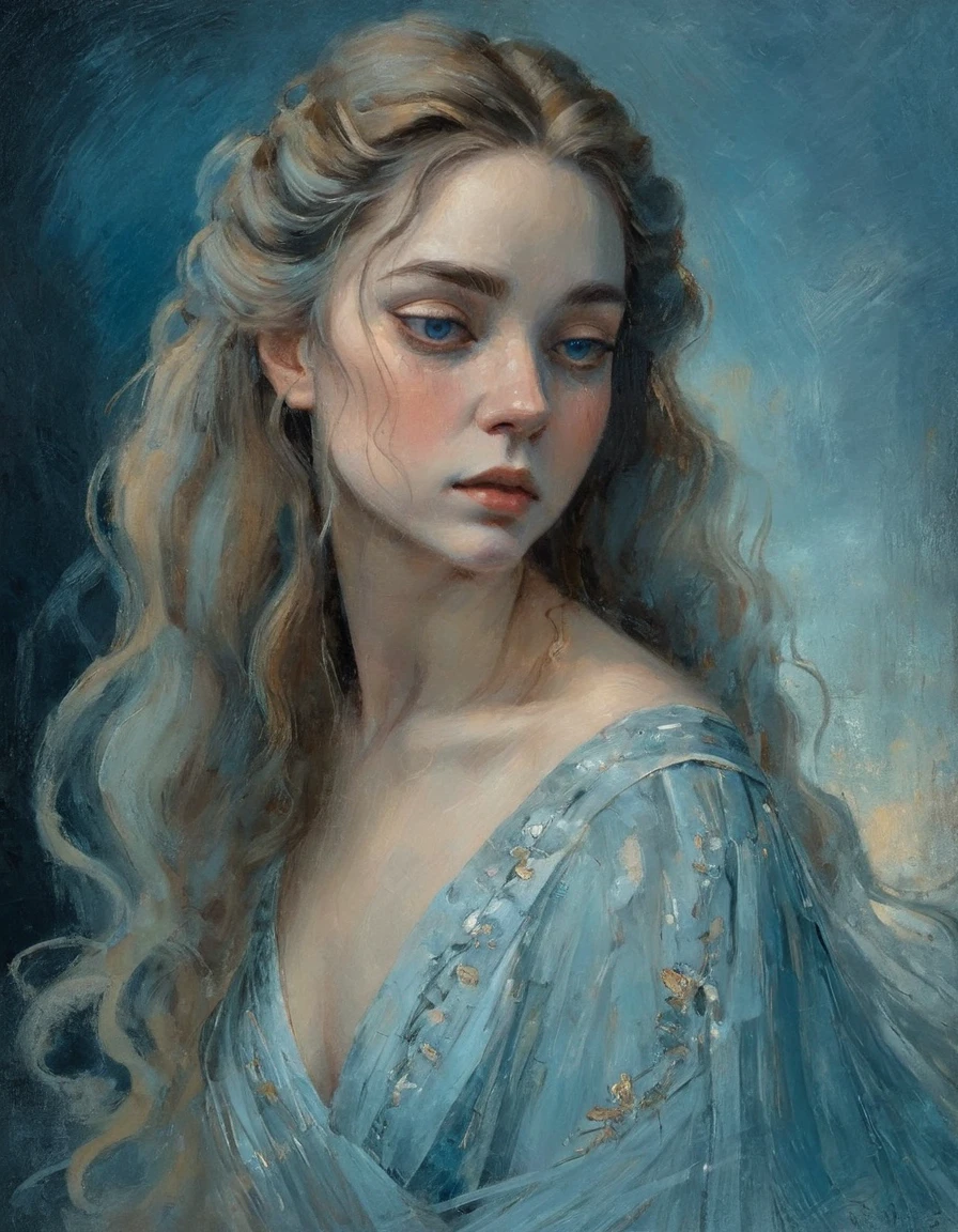 A portrait of a young woman, oil painting, muted blue color palette, soft lighting, detailed facial features, long eyelashes, serene expression, delicate skin, flowing hair, elegant dress, atmospheric environment, cinematic composition, photorealistic, 8k, highly detailed, masterpiece