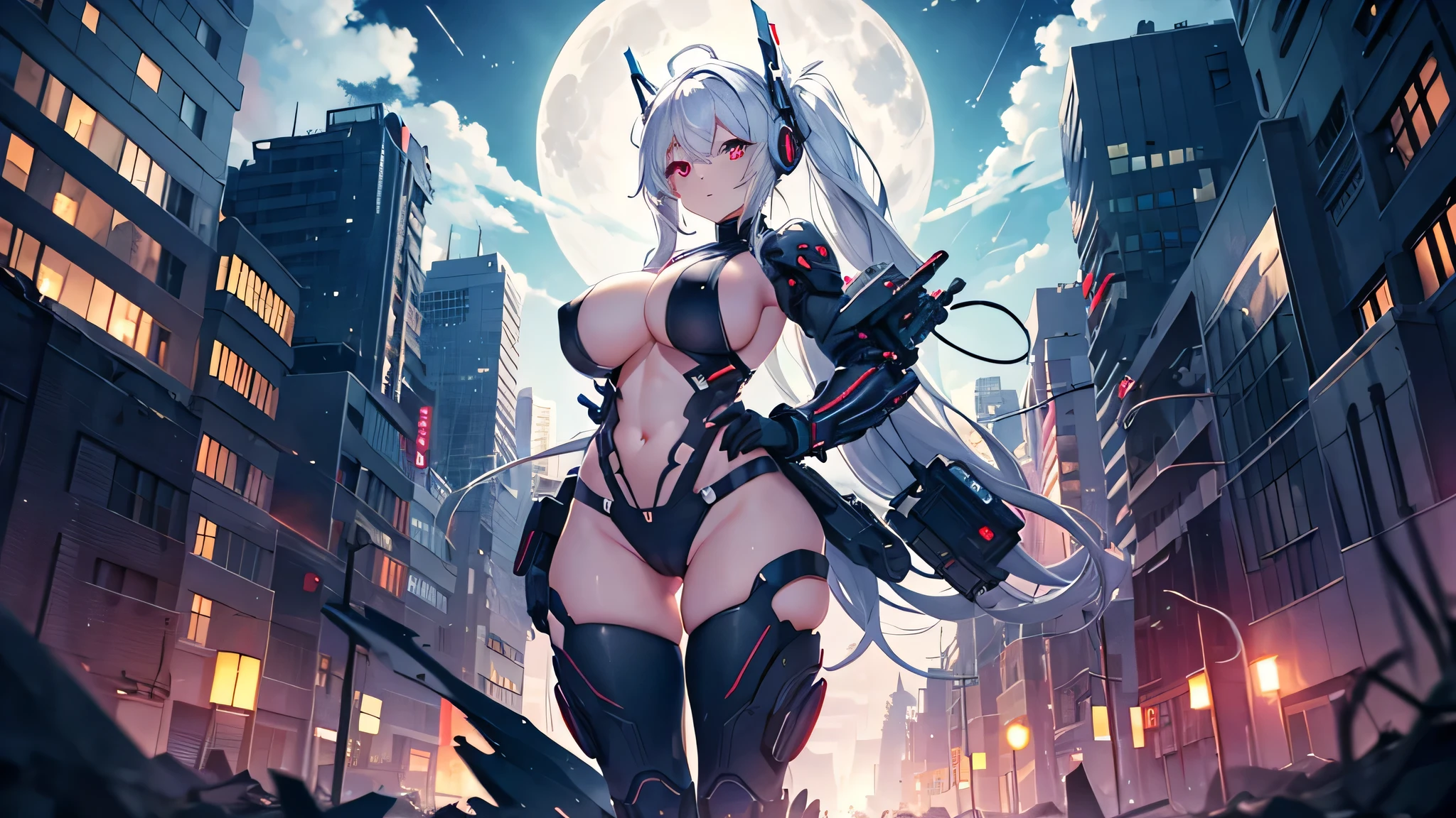 Female cyborg wearing headphones、A little broken、1 female、、sexy、Moonli、Unbuttoned、Downlight、full moon、In the rubble、In the ruined city、Butt、Beautifultocks、Plump、Sidlf naked、Eyes glowing red、Flyhrough the sky using jets on his back and legs