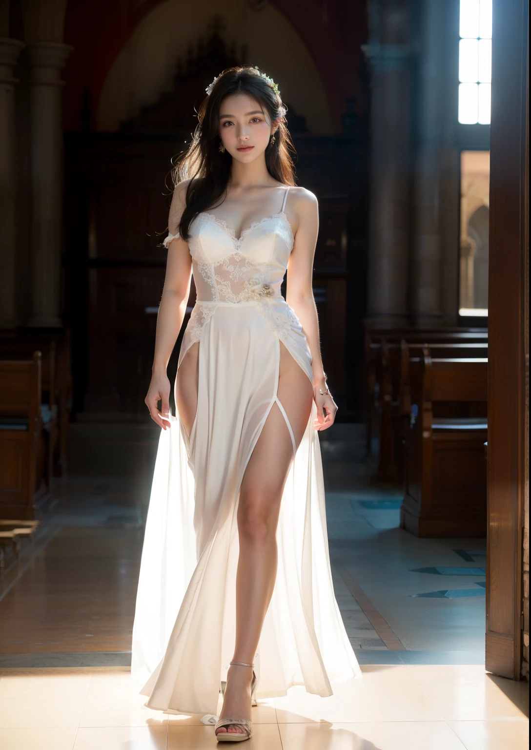 Beautiful 25 year old tall and slender woman。She is fashion model. She is walking in the old classic church. She is smiling. Her leg is very long.She is wearing a wedding dress. She is illuminated by sunset light. the evening church lights is on . her black hair. High resolution、masterpiece、highest quality、頭w:1.0、((Hasselblad Photos))、fine skin、(movie lighting)、clavicle . full body picture.