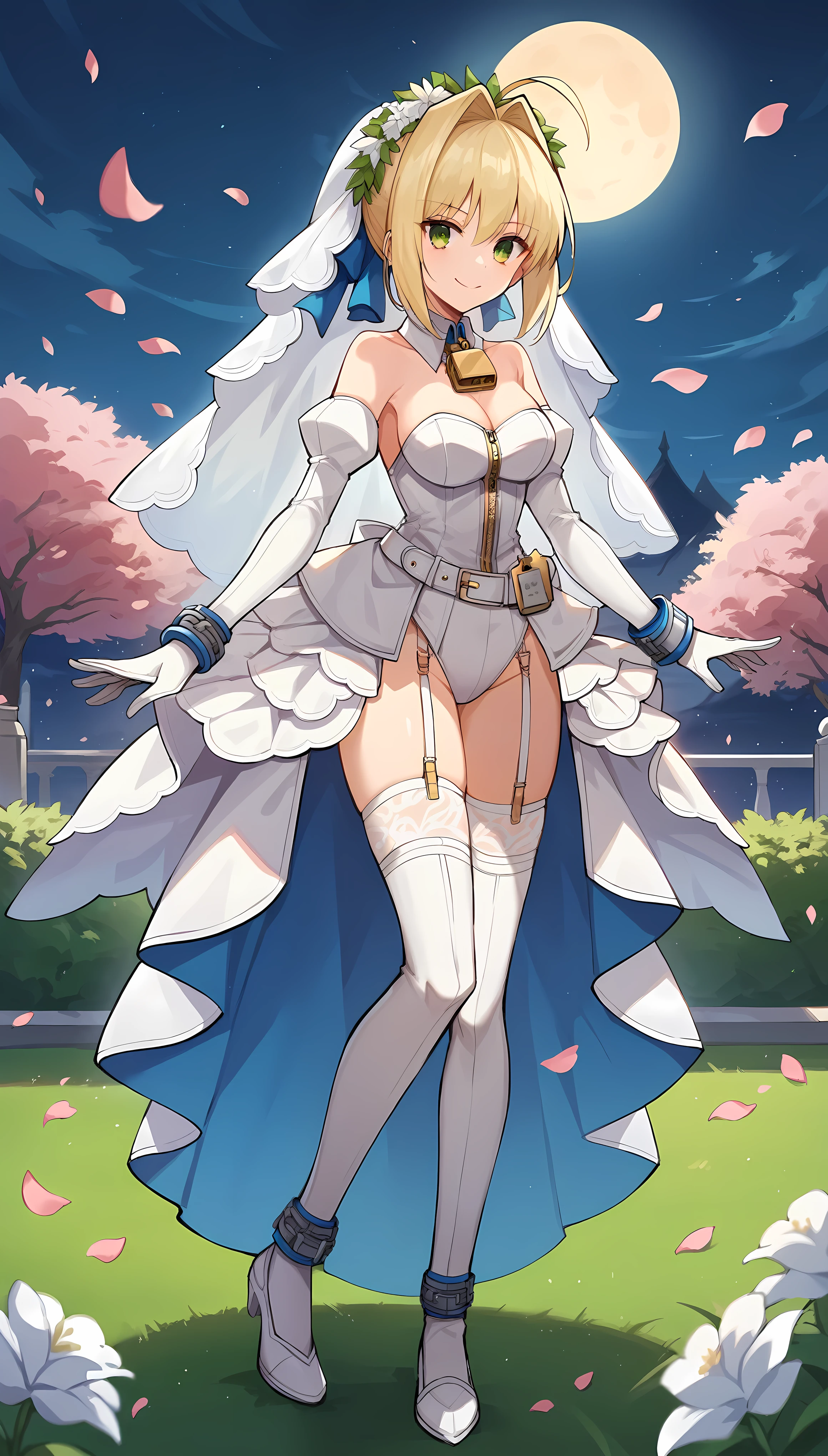 score_9, score_8_up, score_7_up, score_6_up, source anime,nero claudius \(bride\) \(fate\), nero claudius \(bride\) \(second ascension\) \(fate\), masterpiece, best quality, highres, aanero, ahoge, head wreath. bridal veil, green eyes, detached collar, chain, padlock, bare shoulders, strapless, white leotard, white dress, zipper, detached sleeves, white gloves, white belt, garter straps, white thighhighs, garter belt,holding Aestus Estus, smile, night, garden, Surrounding by falling cherry blossoms petals,moon, standing