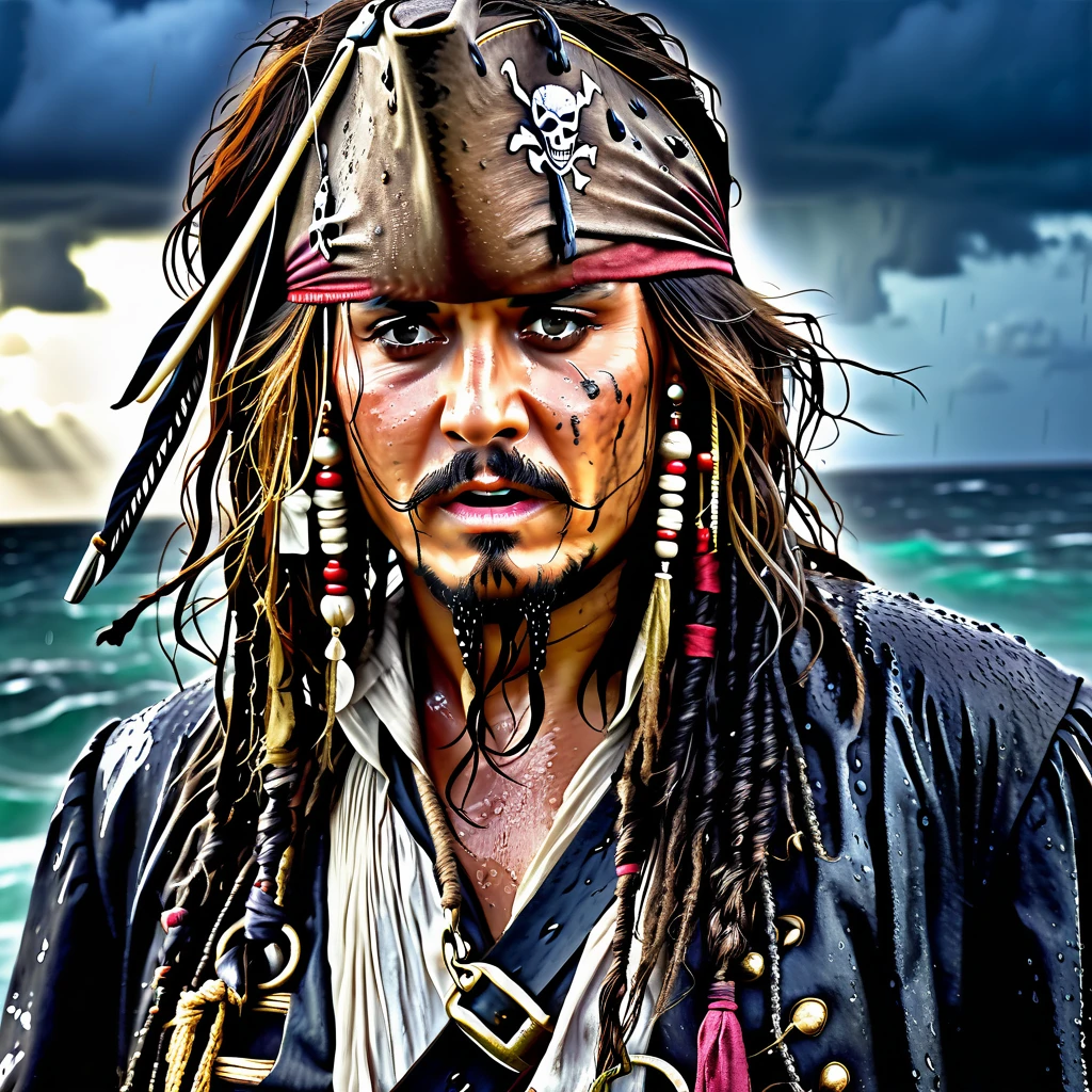 a detailed close-up portrait of captain jack sparrow, pleading his innocence, soaking wet from the rain, standing at the gallows, dramatic lighting, gritty textured skin, intense eyes, parted lips, wet hair, pirate costume, stormy cloudy sky, (best quality,4k,8k,highres,masterpiece:1.2),ultra-detailed,(realistic,photorealistic,photo-realistic:1.37),cinematic,dramatic lighting,chiaroscuro,wet weather,rough weathered skin,intense gaze,emotional expression
