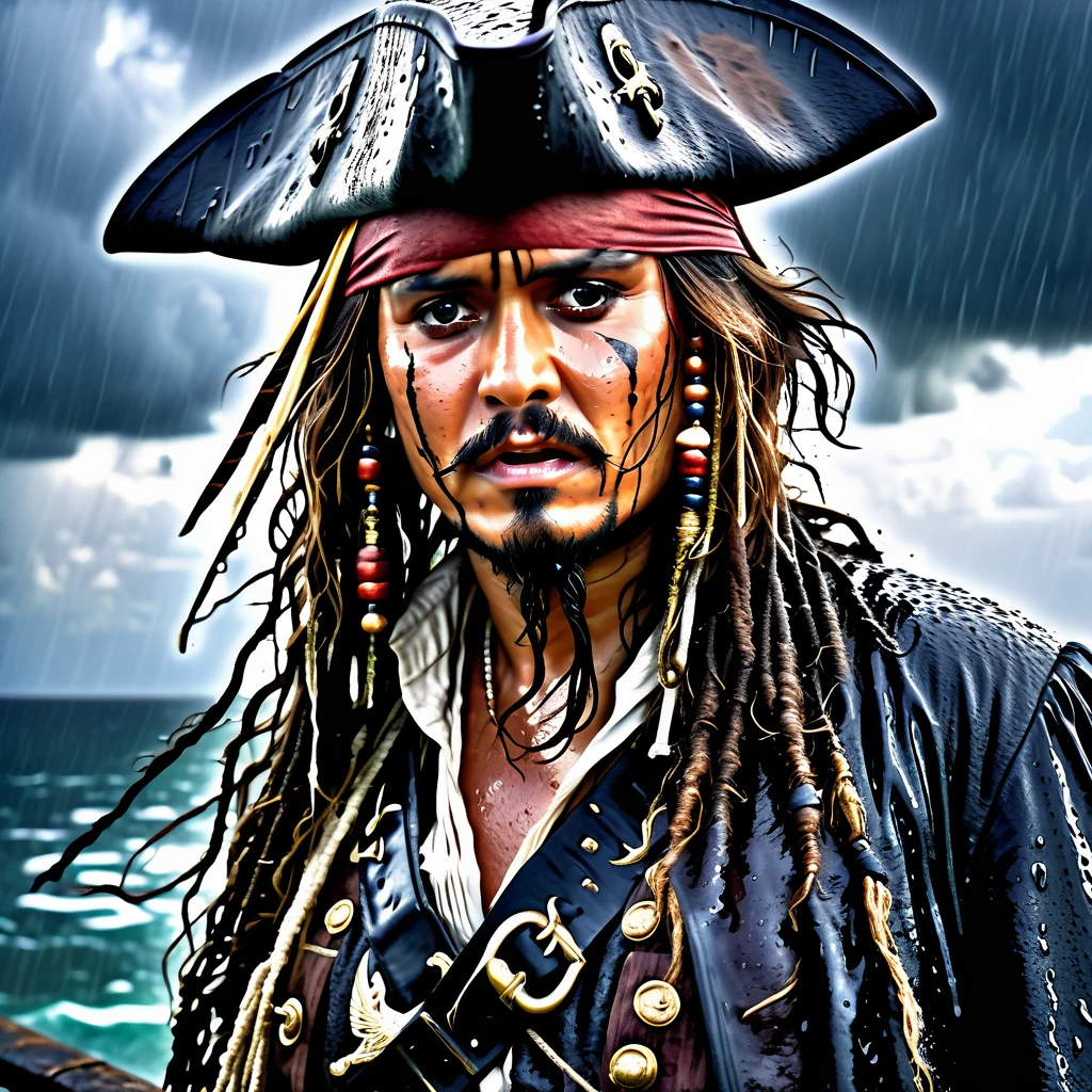 a detailed close-up portrait of captain jack sparrow, pleading his innocence, soaking wet from the rain, standing at the gallows, dramatic lighting, gritty textured skin, intense eyes, parted lips, wet hair, pirate costume, stormy cloudy sky, (best quality,4k,8k,highres,masterpiece:1.2),ultra-detailed,(realistic,photorealistic,photo-realistic:1.37),cinematic,dramatic lighting,chiaroscuro,wet weather,rough weathered skin,intense gaze,emotional expression