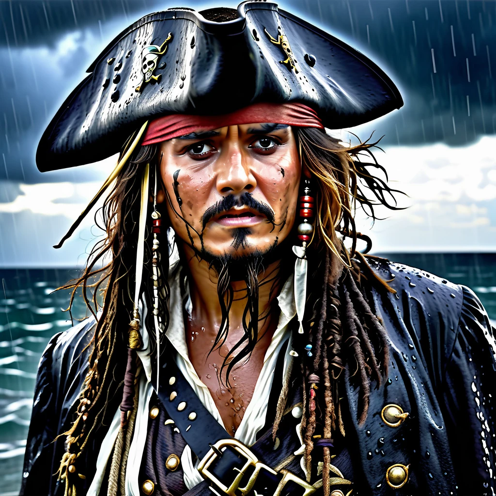 a detailed close-up portrait of captain jack sparrow, pleading his innocence, soaking wet from the rain, standing at the gallows, dramatic lighting, gritty textured skin, intense eyes, parted lips, wet hair, pirate costume, stormy cloudy sky, (best quality,4k,8k,highres,masterpiece:1.2),ultra-detailed,(realistic,photorealistic,photo-realistic:1.37),cinematic,dramatic lighting,chiaroscuro,wet weather,rough weathered skin,intense gaze,emotional expression
