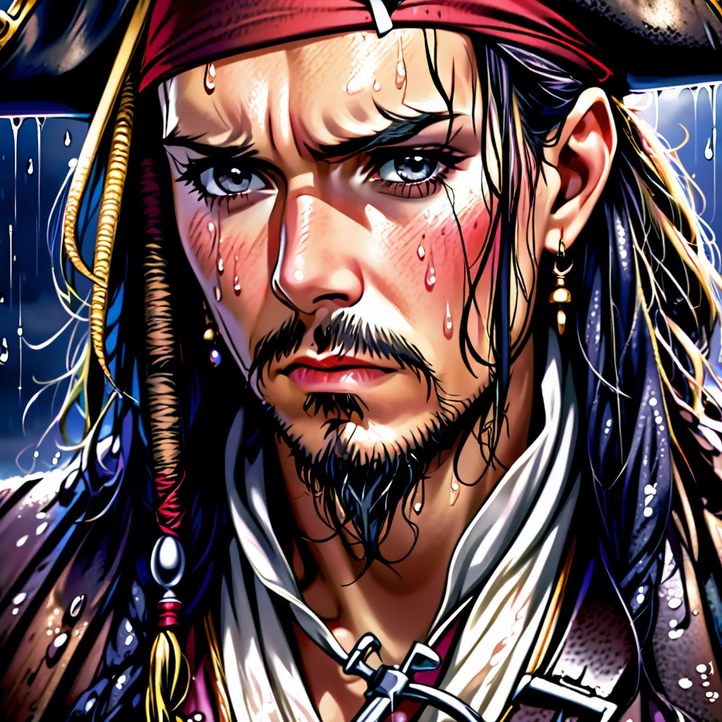 a detailed close-up portrait of captain jack sparrow, pleading his innocence, soaking wet from the rain, standing at the gallows, dramatic lighting, gritty textured skin, intense eyes, parted lips, wet hair, pirate costume, stormy cloudy sky, (best quality,4k,8k,highres,masterpiece:1.2),ultra-detailed,(realistic,photorealistic,photo-realistic:1.37),cinematic,dramatic lighting,chiaroscuro,wet weather,rough weathered skin,intense gaze,emotional expression