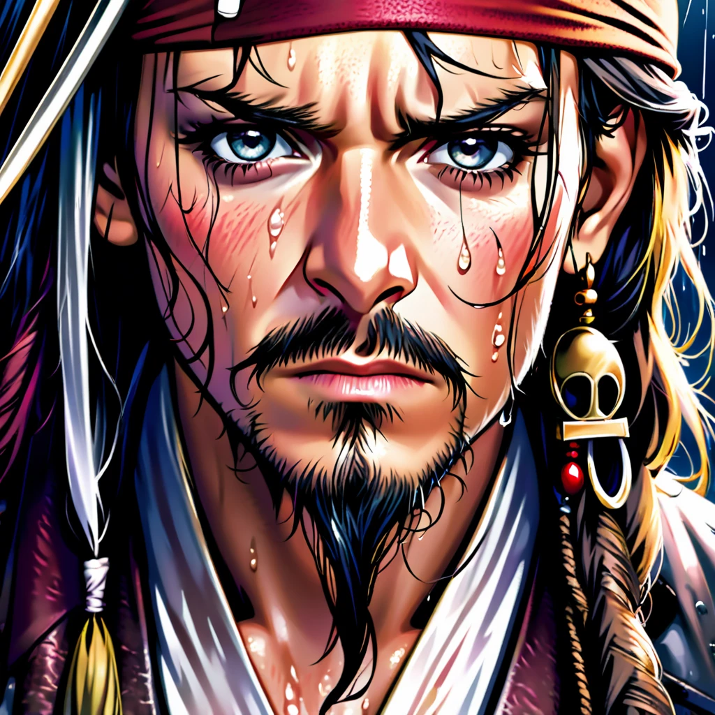 a detailed close-up portrait of captain jack sparrow, pleading his innocence, soaking wet from the rain, standing at the gallows, dramatic lighting, gritty textured skin, intense eyes, parted lips, wet hair, pirate costume, stormy cloudy sky, (best quality,4k,8k,highres,masterpiece:1.2),ultra-detailed,(realistic,photorealistic,photo-realistic:1.37),cinematic,dramatic lighting,chiaroscuro,wet weather,rough weathered skin,intense gaze,emotional expression