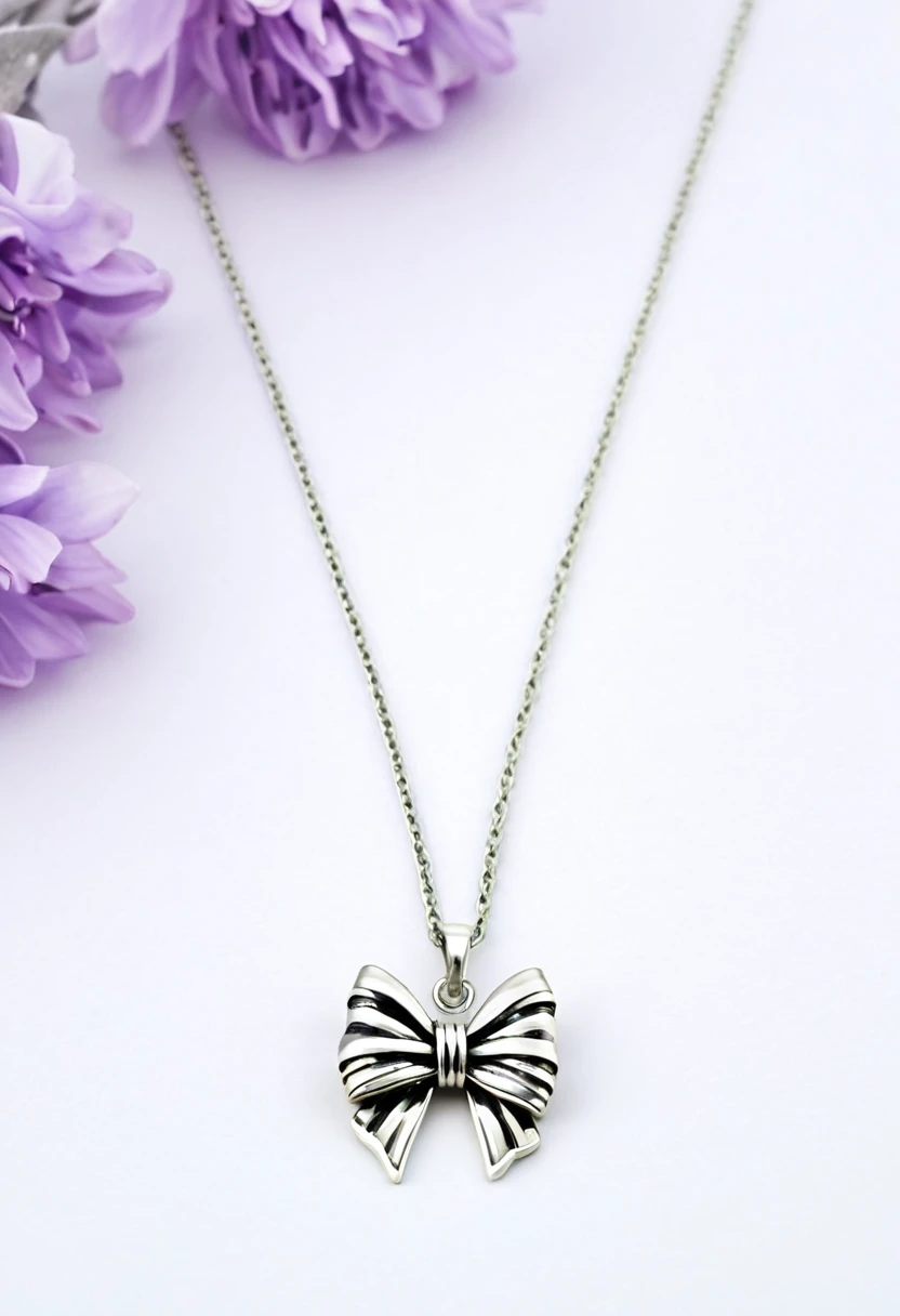 "Create a stunning scene to display my 925 silver bow necklace, measuring 45 centimeters. The necklace must be identical to the photo provided. The setting should be styled with lilac tones (#DDCBFA), branco e preto, com um estilo aesthetic, highlighting the elegance and delicacy of the necklace."