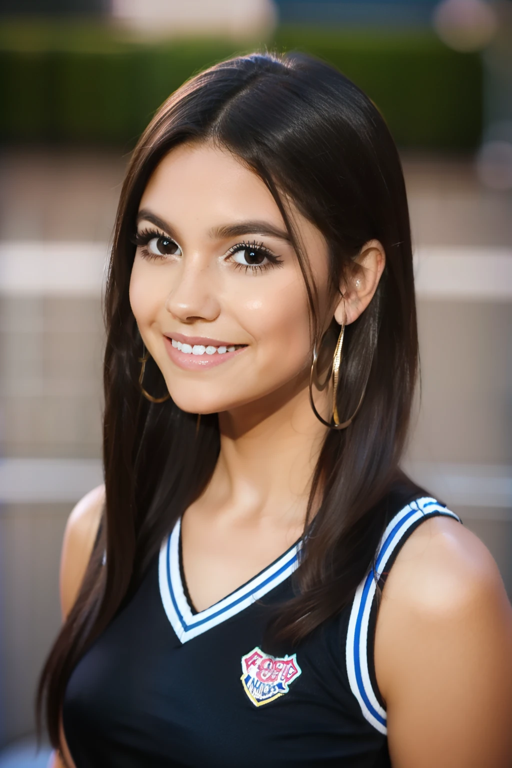 Latin girl. Dark hair. Straight hair. Dark Eyes. Teen. Young adult. Pretty. Popular. Outgoing. Cheerleader. Thin eyebrows. Hoop earrings. Smile.
