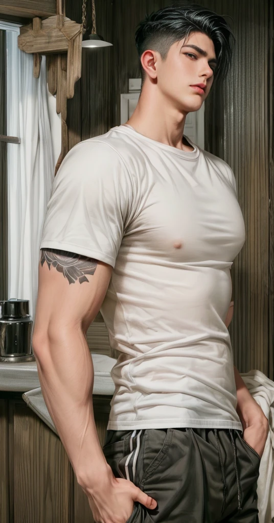 masterpiece, 1boy, young, handsome, black hair, undercut hair, perfect face, detailed eyes and face,black eyes, clean shaved, muscular, capturing a rural atmosphere, dynamic lighting, unreal engine 5