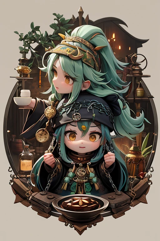 Characters arranged in a string,In-game graphics,full character,Characters are arranged in a chain,gothic theme,Detailed Roles Herbalist Shaman Druid Chef Ninja