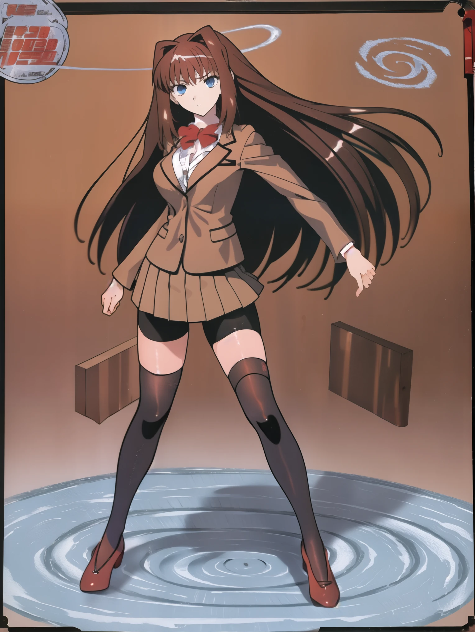 BREAK, (EMPTY BACKGROUND), BREAK (masterpiece:1.2), best quality, high resolution, 8k, illustration, (beautiful detailed eyes:1.6), extremely detailed face, extremely detailed body, CG, perfect hands, perfect anatomy, (((1girl))), ((solo)), ((((bbaoko))), (((2 legs max))), (((2 feet max:1.6))), ((swirling vortex shaped longest brown hair:1.5)), (brown longest hair with slightly reddish undertone:1.6), (lush luscious longest brown hair:1.6), (very long voluminous longest brown hair:1.5), serious, blue eyes, red bowtie, (Form-fitting beige blazer:1.5), brown jacket, (highly detailed beautiful face:1.2), (white shirt:1), (well shaped large breasts:1.6), (nice hips:1), (((Umber pleated thigh-high skirt:1.6))), (((black bike shorts:1.4))), (2 nice thighs:1.6), (black thighhighs:1.6), (strap shoes brown color), (facing front:1.5), ((standing straight:1.5)), ((Fullbody in frame:1.6)), ((Full body:1.5)), (takeuchi takashi:1.5)