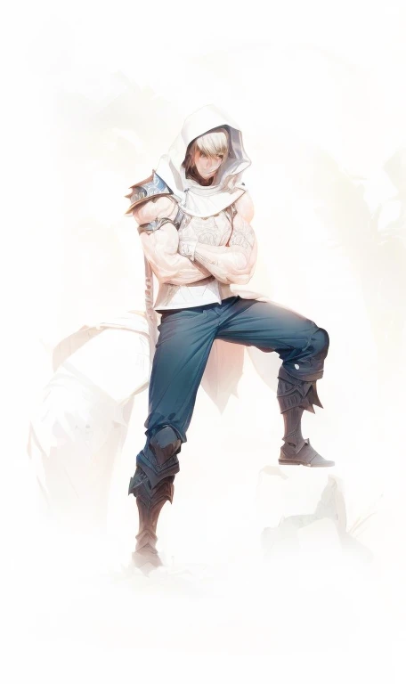 a muscular man in heavy medieval paladin armor, serious expression, hooded, cross-armed, detailed face, high quality, 8k, photorealistic, hyperdetailed, dramatic lighting, dark fantasy, gritty, moody, cinematic