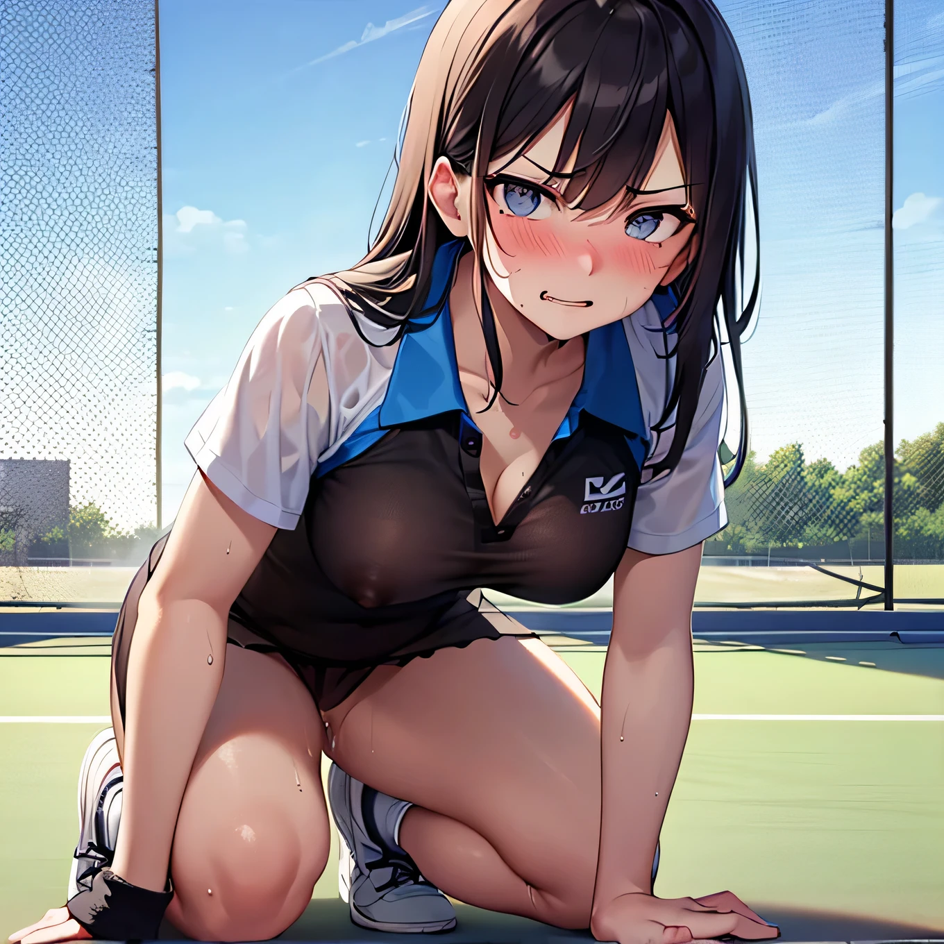 best quality,ultra-detailed,high resolution,extremely detailed CG,perfect anatomy,detailed,cinematic lighting,beautiful detailed eyes,ultra high res,(1girl),15years old,gleaming skin,oil skin,sweat,humid,trembling,strong light coming in,spot lighting,bright,revealing,(sharp eye:1.2),(scowl:1.1),(stare at viewer with stern eyes:1.5),(bitting own lip:1.1),(angry:0.9),nose blush,(shamefull:1.2), surprised, (embarrassed,blush:1.3),nsfw,(ecstasy:1.3) ,(slut:1.2),(vulgarity:1.3),(fucked silly:1.1),(steam:1.1),(wet:0.8),(trembling:0.8),(tears:0.7) ,(drooling:0.6),(sweat:0.8),(nsfw:1.2),(tennis uniform:1.2),(Young:1.2),Japanese,(Tennis court:1.2),large breasts,(Random Hairstyles:1.2),Bold Pose,(full body:1.2),skirt,(Sheer tops:1.5),bra