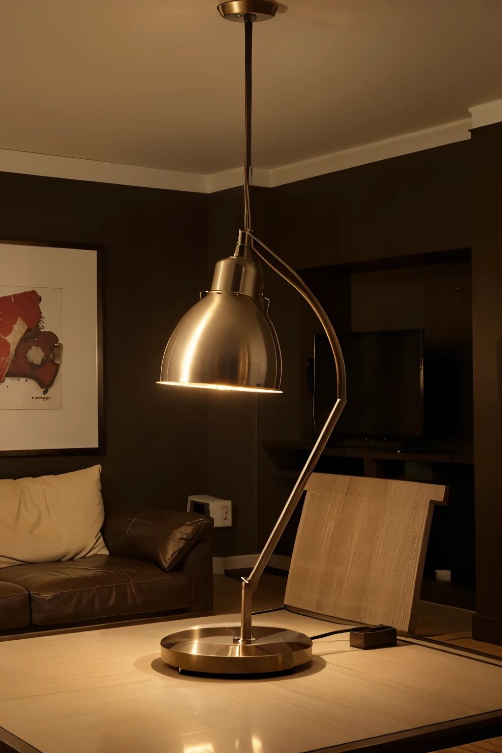 I want you to create an image of a lamp in a living room but its raw material is made of beef instead of metal
